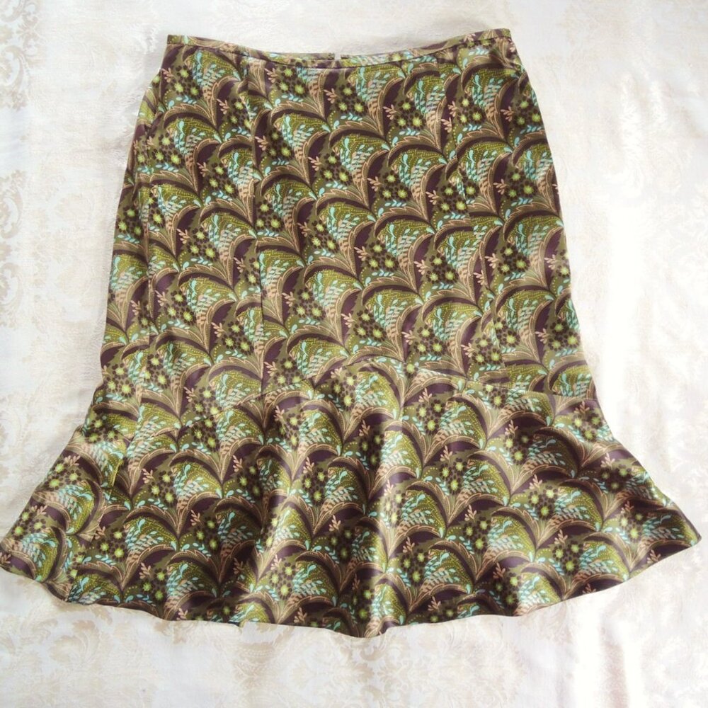 LOFT Green Floral Multicolor 100% Silk Mermaid Skirt 10-12